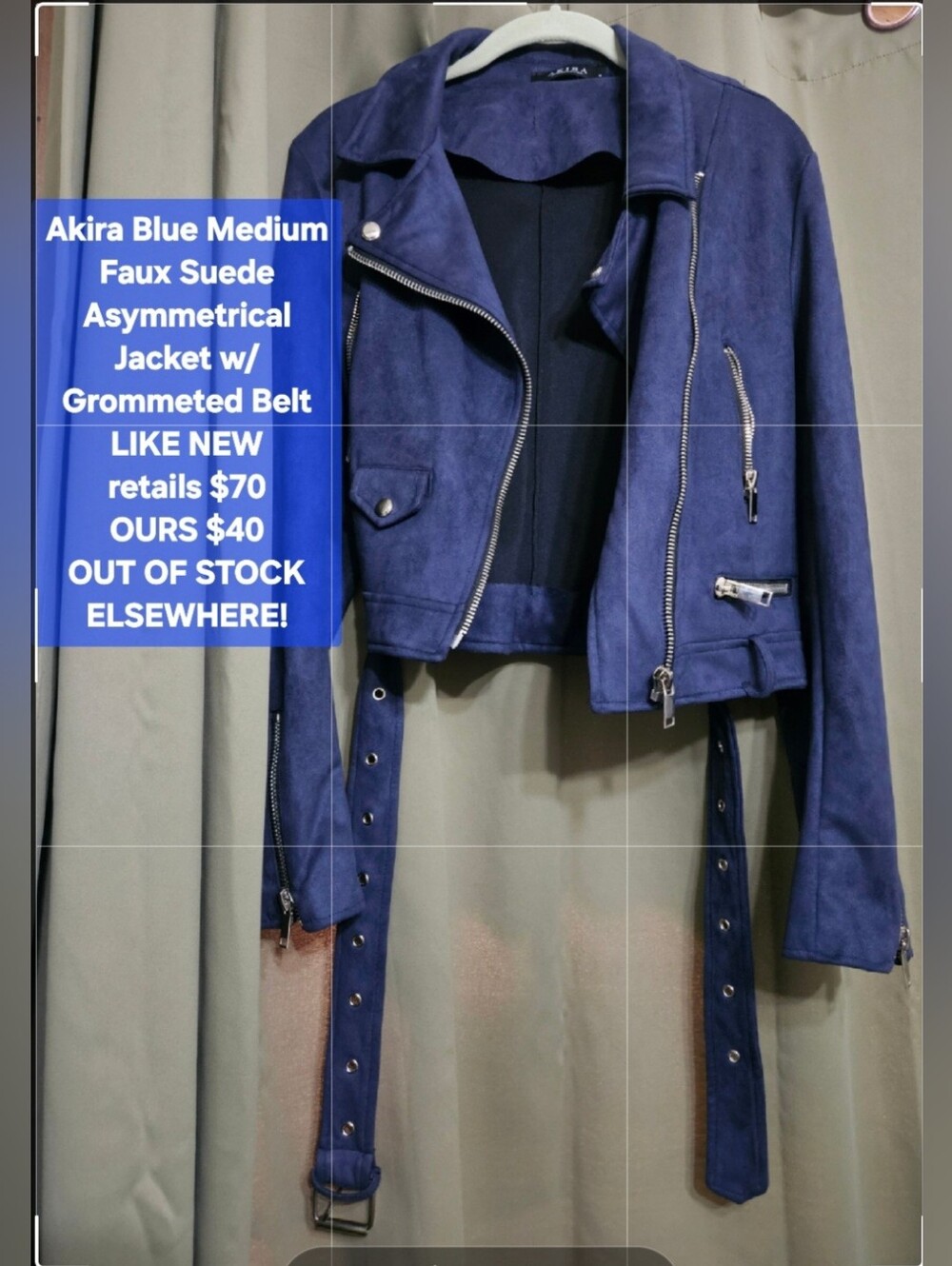 Akira Blue Medium Faux Suede Asymmetrical Jacket w/Grommeted Belt